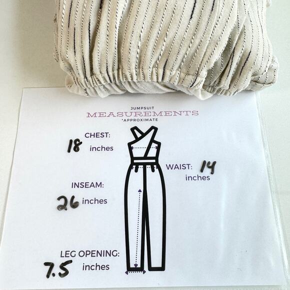 Anthro Feather Bone Womens Soleil Wrap Front Stripe Jumpsuit Sz S Metallic Ivory - Picture 10 of 10